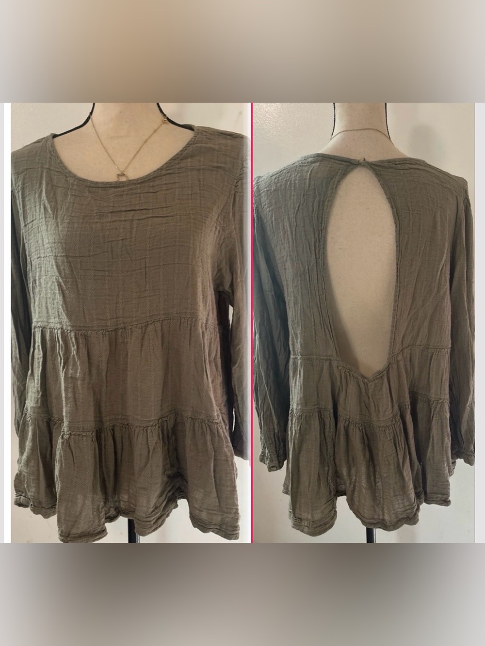 AEO babydoll long sleeve blouse in an olive green color